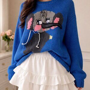 Vintage 80s Blue Knit Elephant Circus Mi Ki Majestic International Kidcore sz M